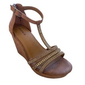 TORRID 11.5WW Faux Suede Rhinestones Platform Wedge T-Strap Sandals Strappy Wide